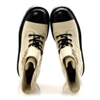 Chanel Shiny Goatskin Calfskin Quilted Lace Up Combat Boots 36 Ivory Black