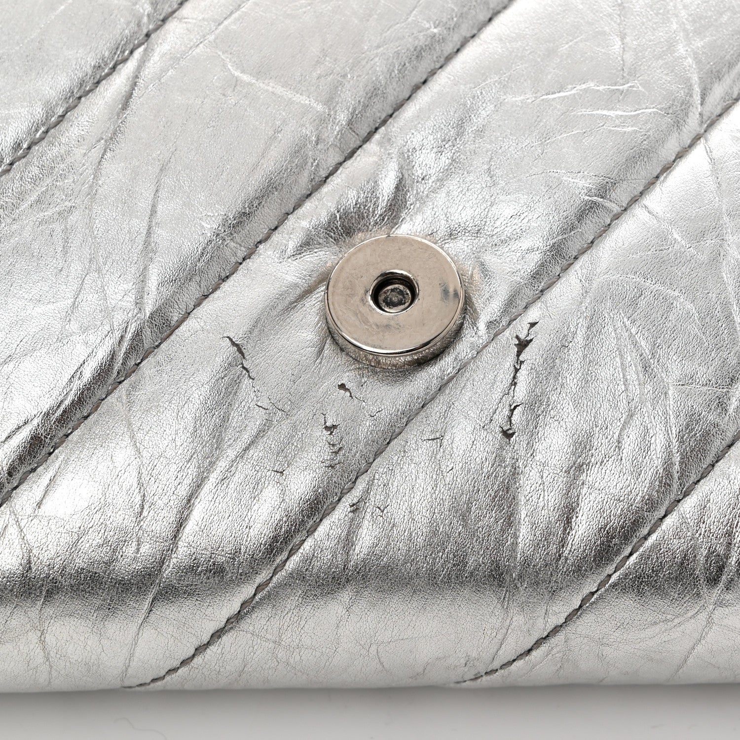 Balenciaga Metallic Calfskin Quilted Crush Wallet On Chain Silver