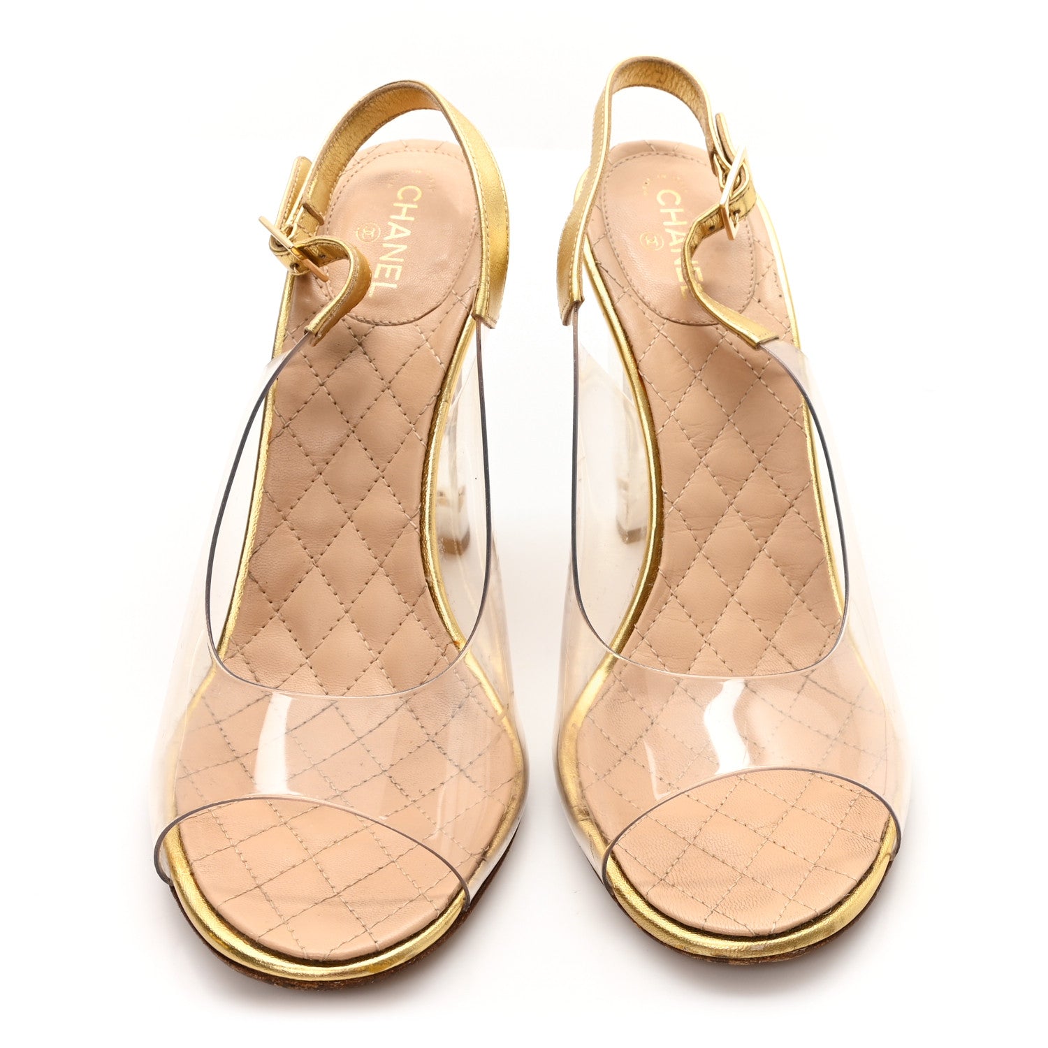 Chanel Metallic Calfskin PVC Peep Toe Heels 41 Gold