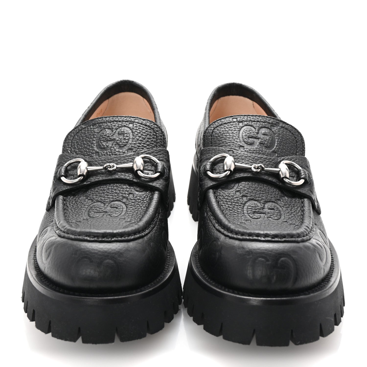 Gucci Piuma Calfskin Embossed Womens Platform Lug Sole Loafers 40 Black