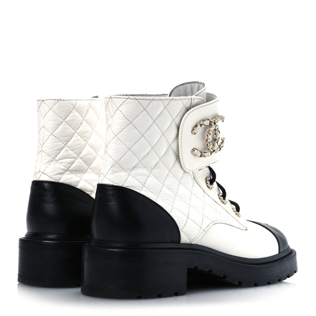 Chanel Shiny Goatskin Calfskin Quilted Lace Up Combat Boots 41.5 White Black
