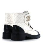 Chanel Shiny Goatskin Calfskin Quilted Lace Up Combat Boots 41.5 White Black