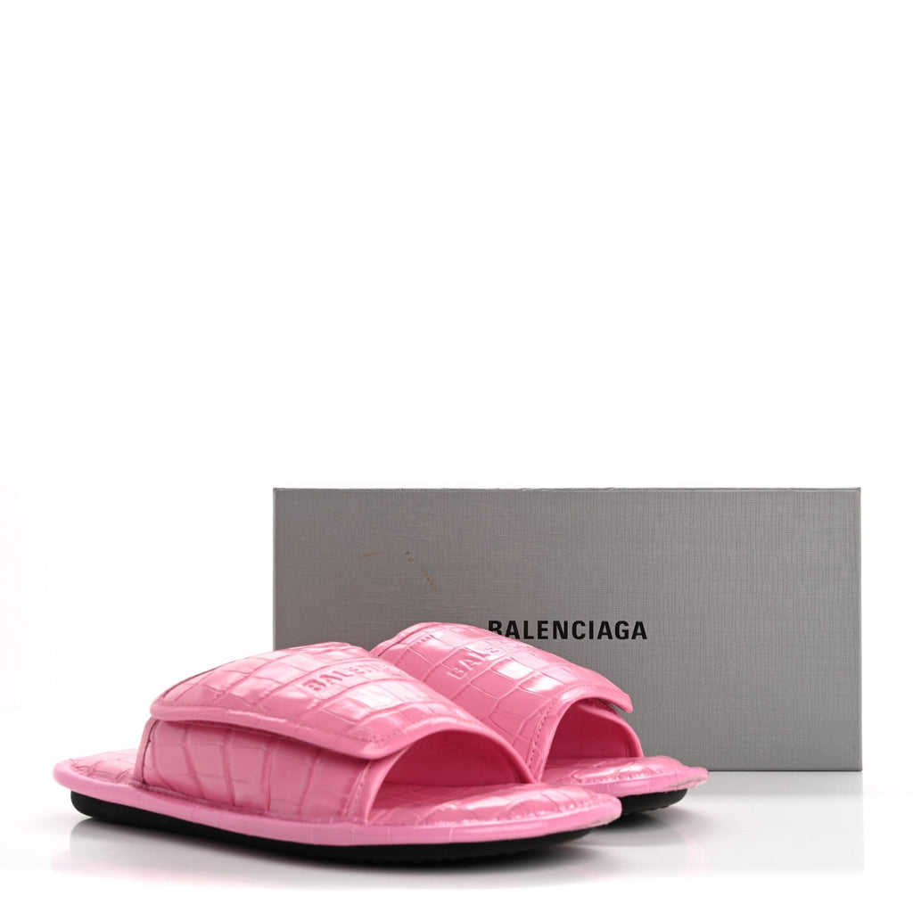 Balenciaga Calfskin Logo Crocodile Embossed Slides 40 Fuxia