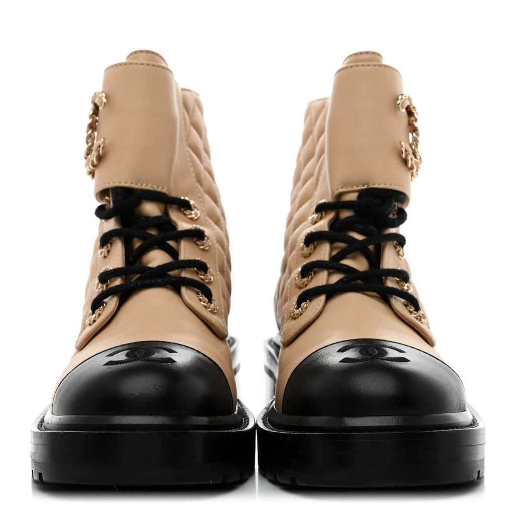 Chanel Lambskin Calfskin Quilted Lace Up Combat Boots 36.5 Beige Black