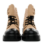Chanel Lambskin Calfskin Quilted Lace Up Combat Boots 36.5 Beige Black