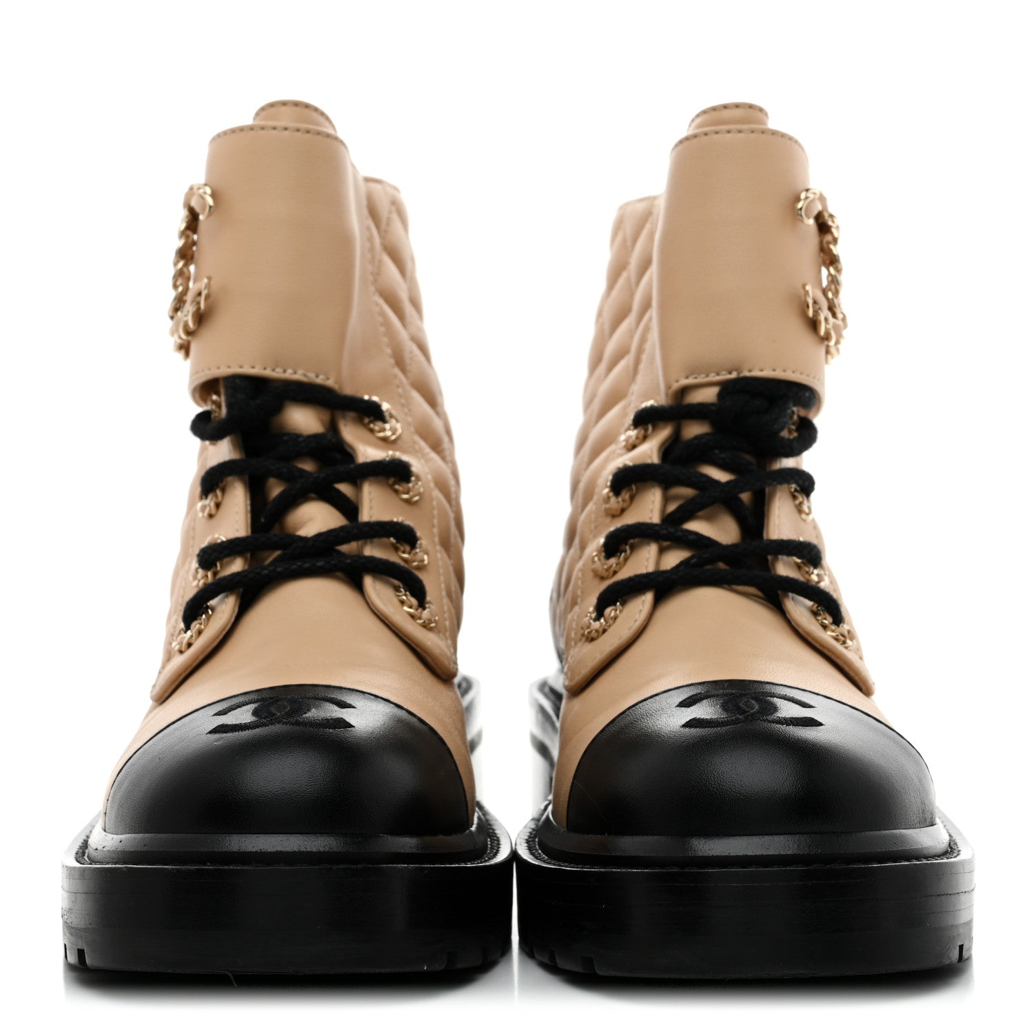 Chanel Lambskin Calfskin Quilted Lace Up Combat Boots 36.5 Beige Black