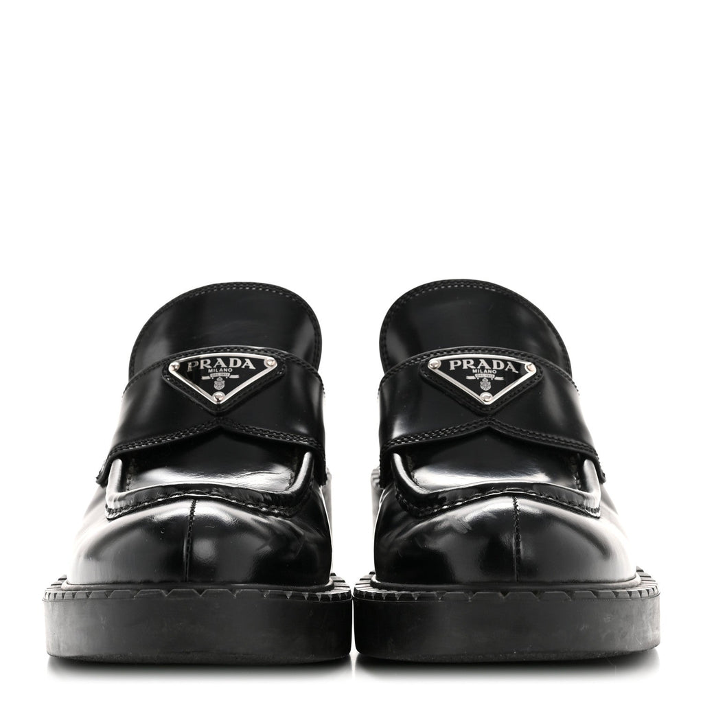 Prada Spazzolato Metal Triangle Logo 50mm Loafers 36.5 Black