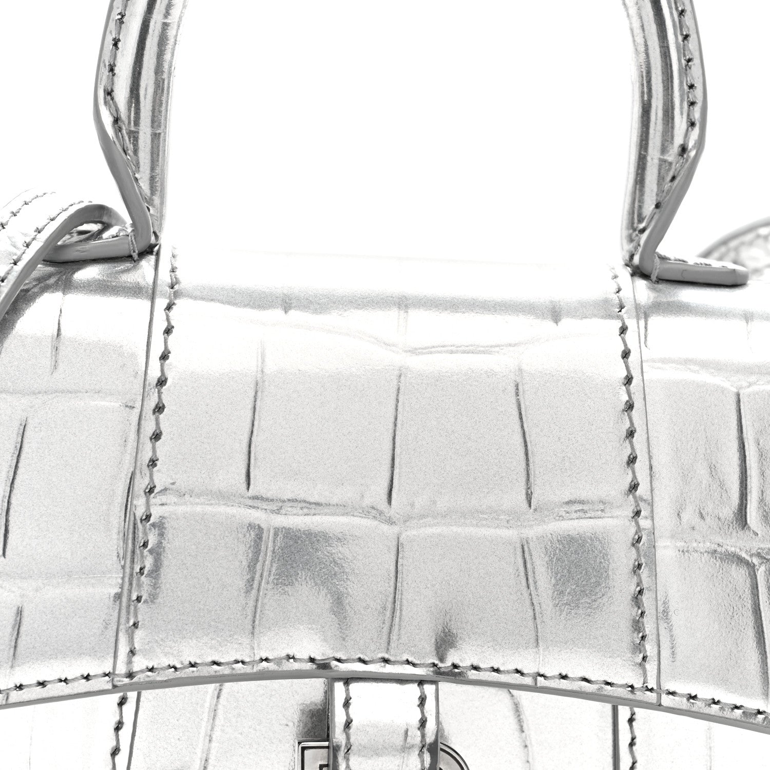 Balenciaga Metallic Calfskin Crocodile Embossed Hourglass Top Handle Bag Mini Silver