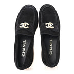 Chanel Suede Calfskin Pearl CC Moccasin Loafers 38.5 Black