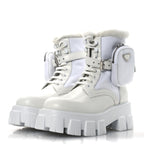 Prada Spazzolato Rois Nylon Shearling Metal Triangle Logo Monolith Pouch Pocket 55mm Boots 35.5 White