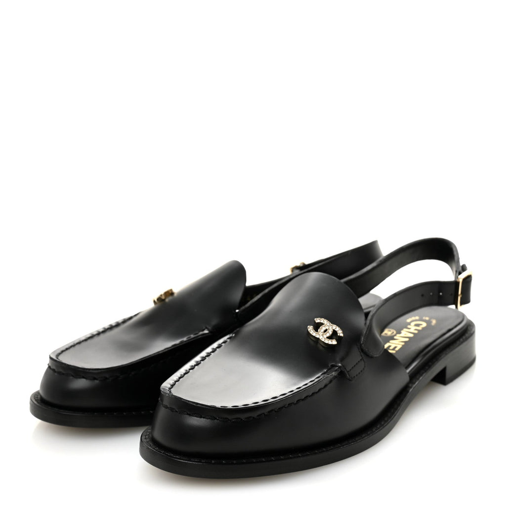 Chanel Calfskin Crystal Slingback Loafers 39 Black