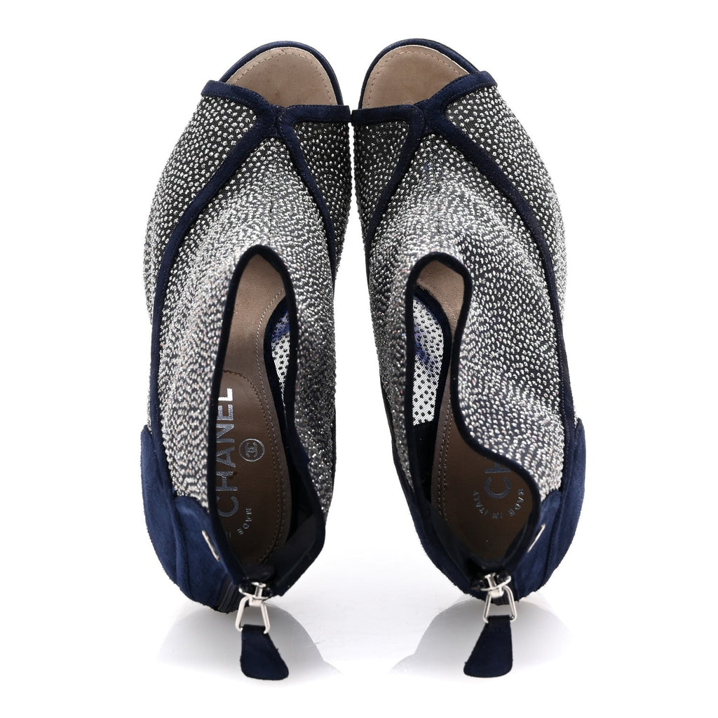 Chanel Mesh Crystal Open Toe Ankle Boots 40 Navy