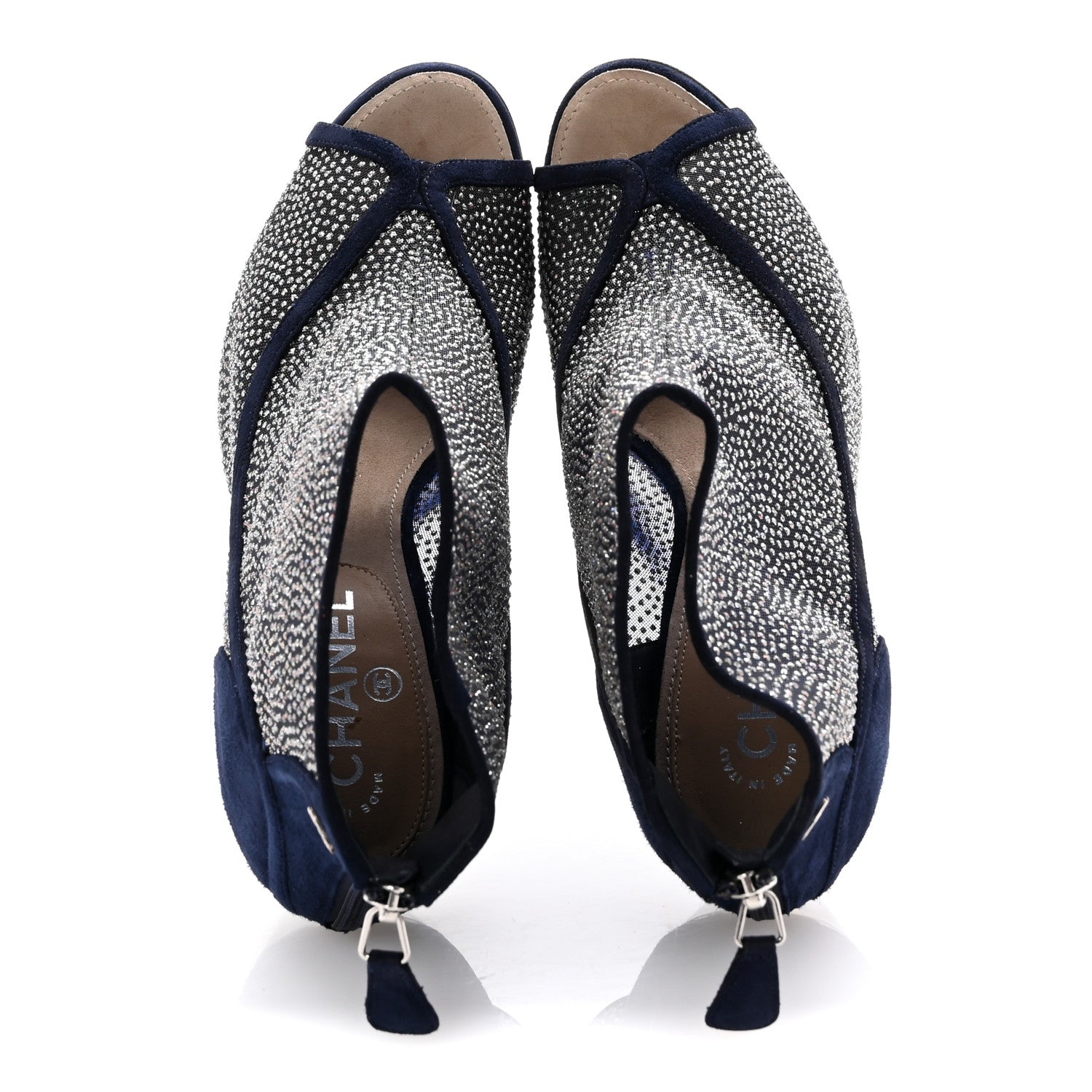 Chanel Mesh Crystal Open Toe Ankle Boots 40 Navy
