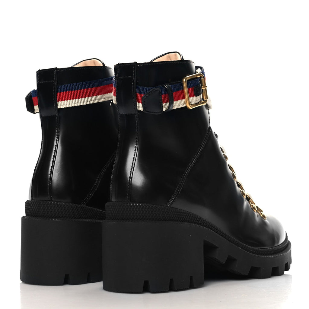 Gucci Calfskin Sylvie Web Lace Up Combat Boots 35 Black