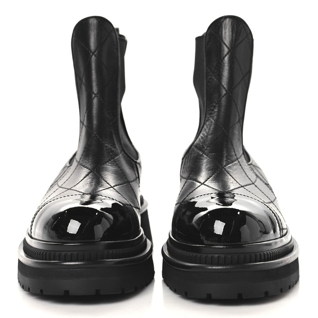 Chanel Calfskin Patent Cap Toe Quilted Short Boots 37 Black