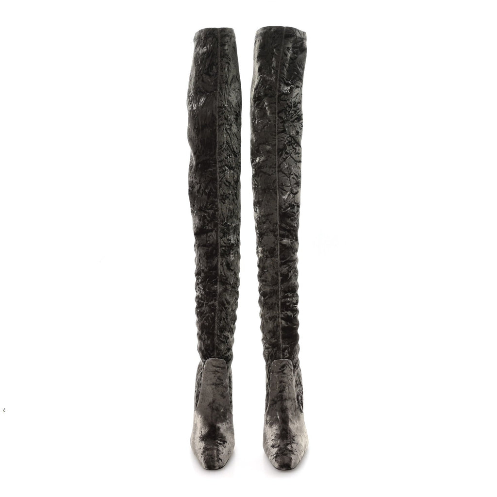 Saint Laurent Velvet Ella Knee High Boots 39.5 Bella Green