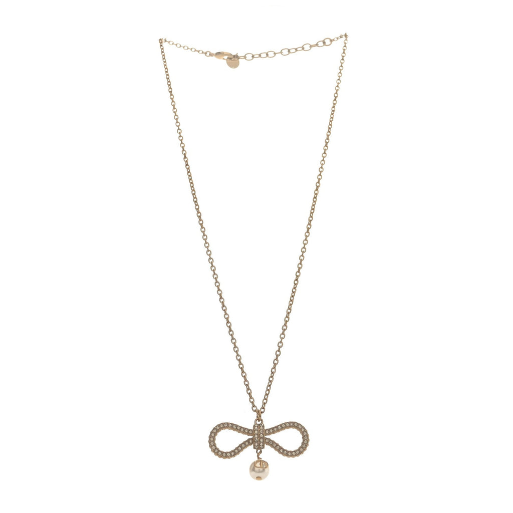 Christian Dior Metal Crystal Pearl CD Bow Necklace Gold