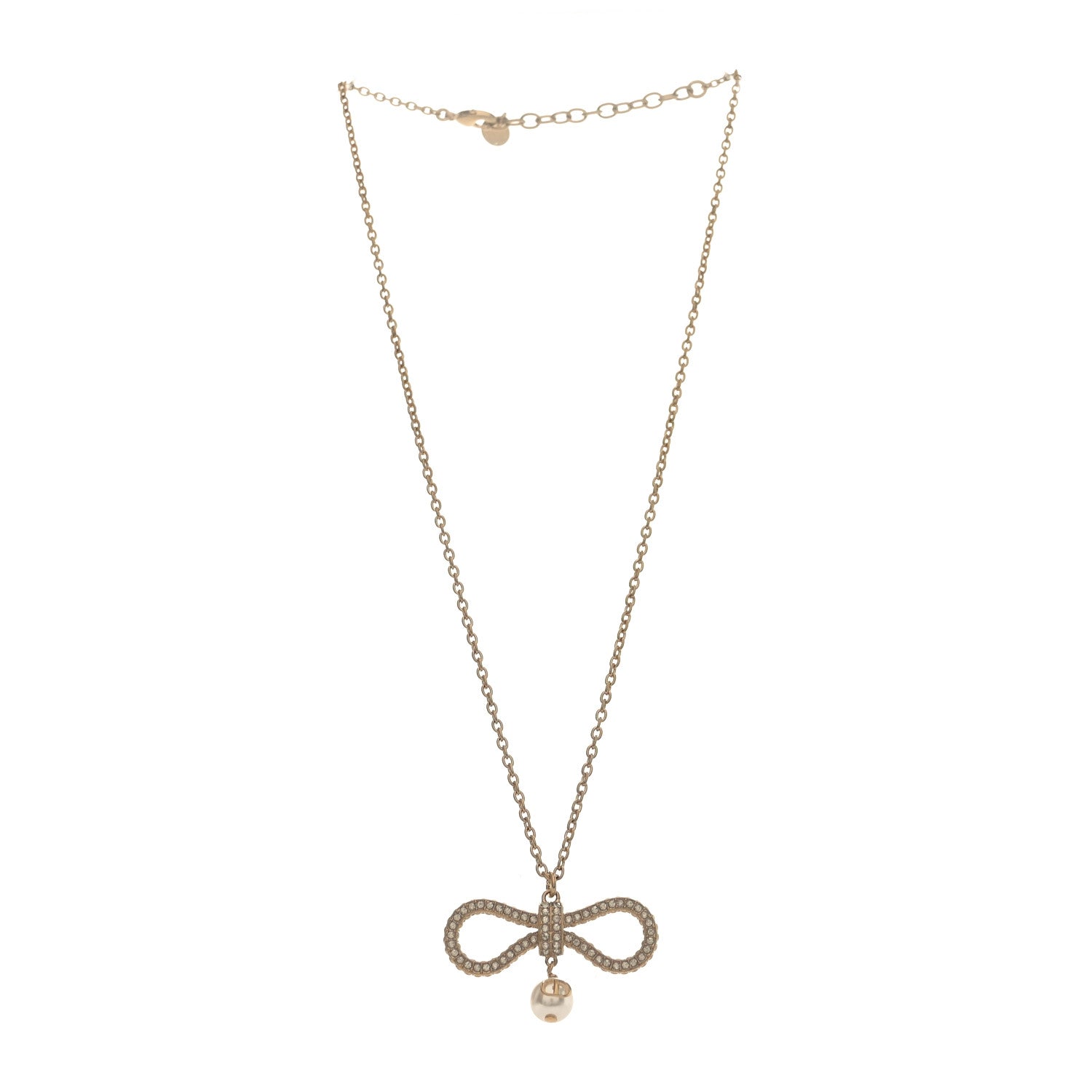 Christian Dior Metal Crystal Pearl CD Bow Necklace Gold