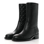 Chanel Calfskin Quilted CC Logo Mid Calf Boots 35 Black