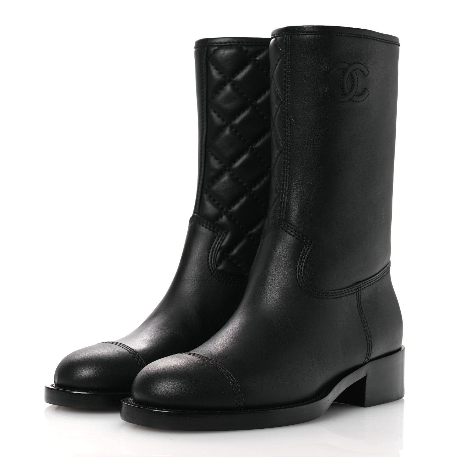 Chanel Calfskin Quilted CC Logo Mid Calf Boots 35 Black