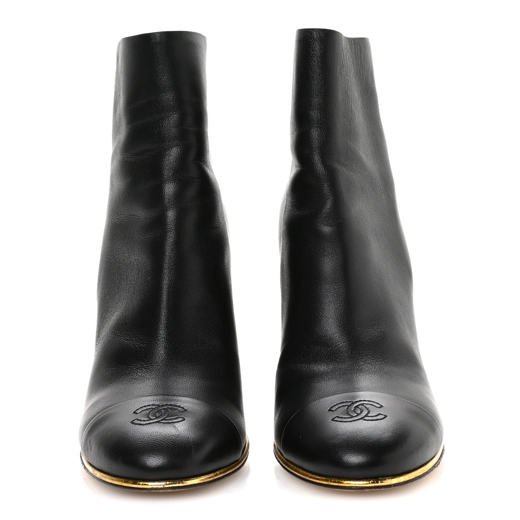Chanel Lambskin Cap Toe Wedge Ankle Boots 38.5 Black