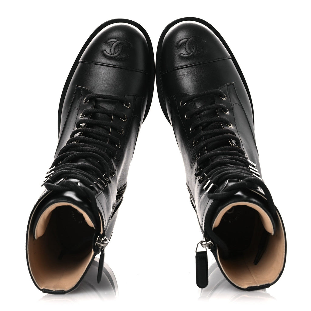 Chanel Calfskin Cap Toe Lace Up Combat Boots 37.5 Black