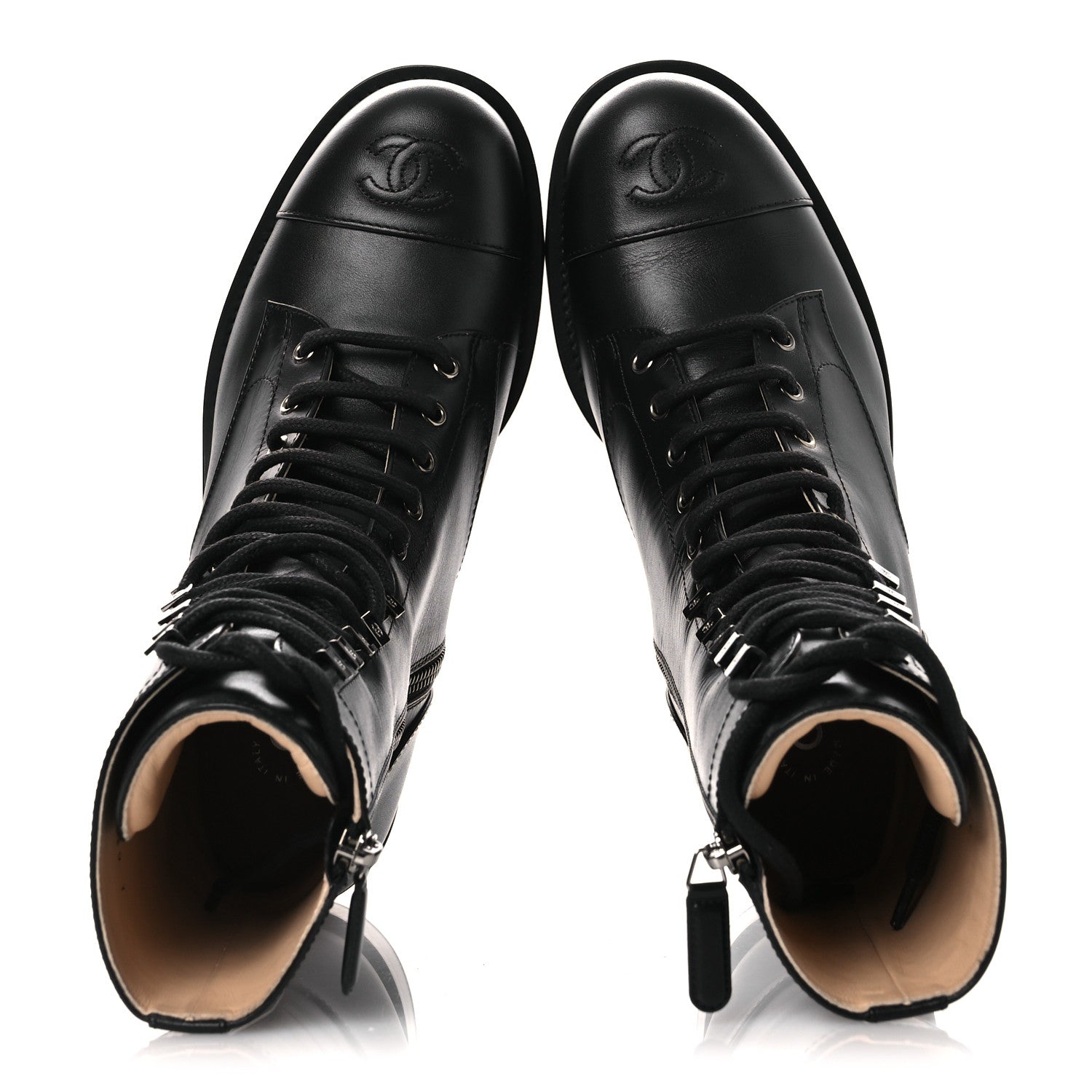 Chanel Calfskin Cap Toe Lace Up Combat Boots 37.5 Black