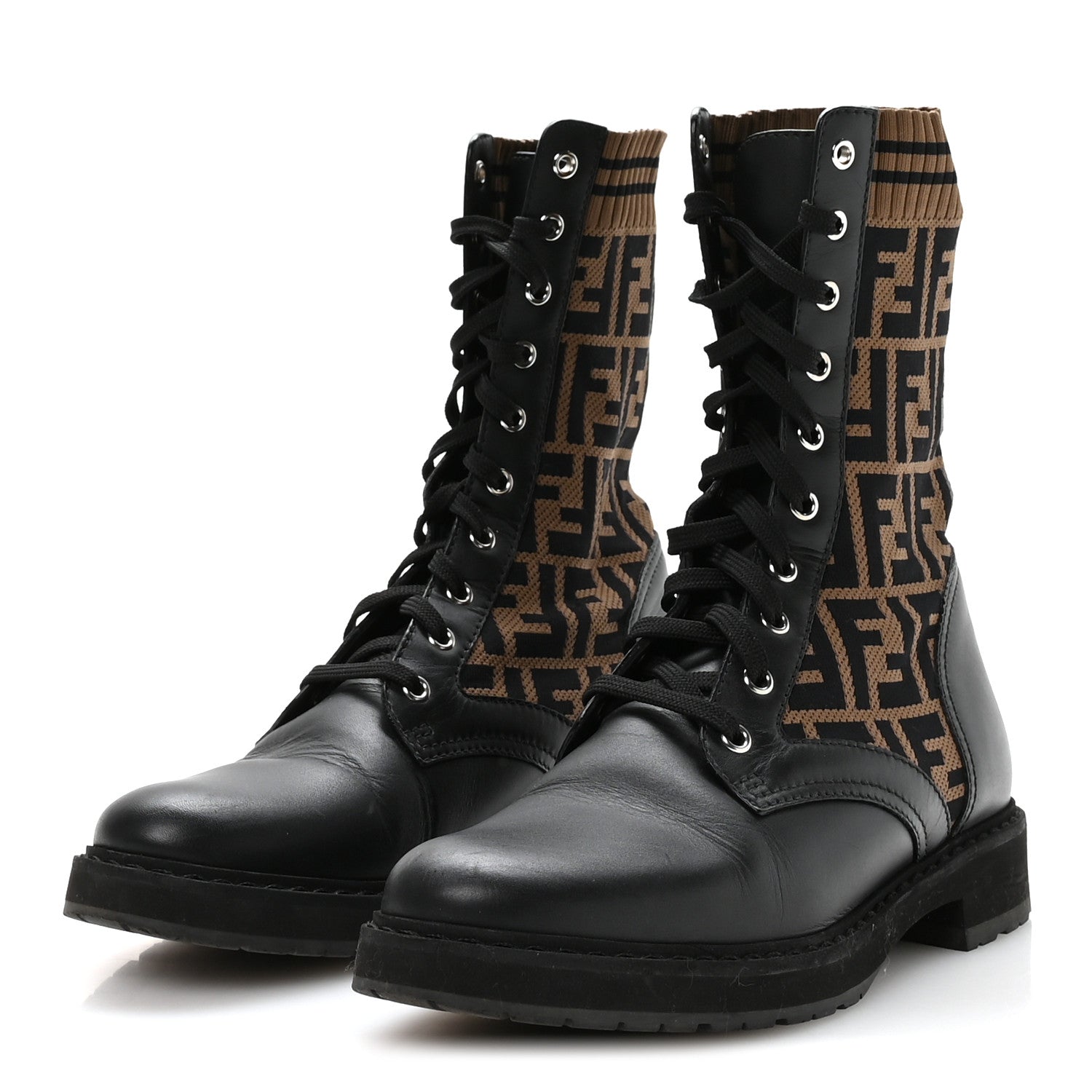Fendi Calfskin Stretch Fabric FF Rockoko Biker Boots 40 Black Tobacco