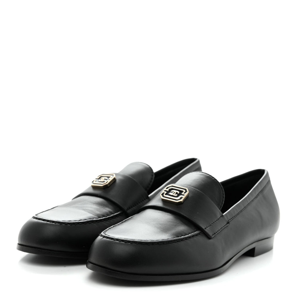 Chanel Lambskin Enamel CC Moccasin Loafers 37 Black