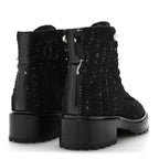 Chanel Tweed Patent Calfskin Pearl Combat Short Boots 37  Black Grey Blue