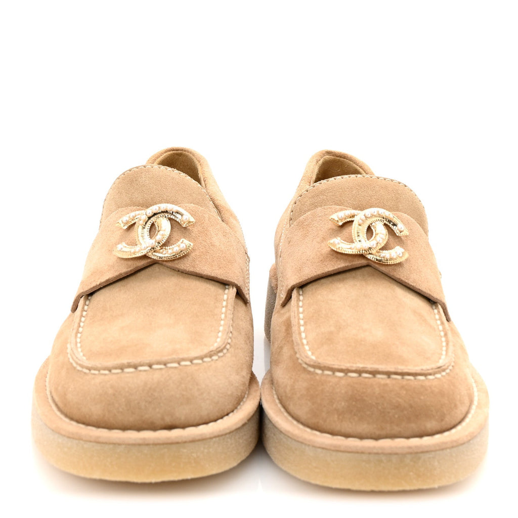 Chanel Suede Calfskin Pearl CC Moccasin Loafers 36.5 Dark Beige