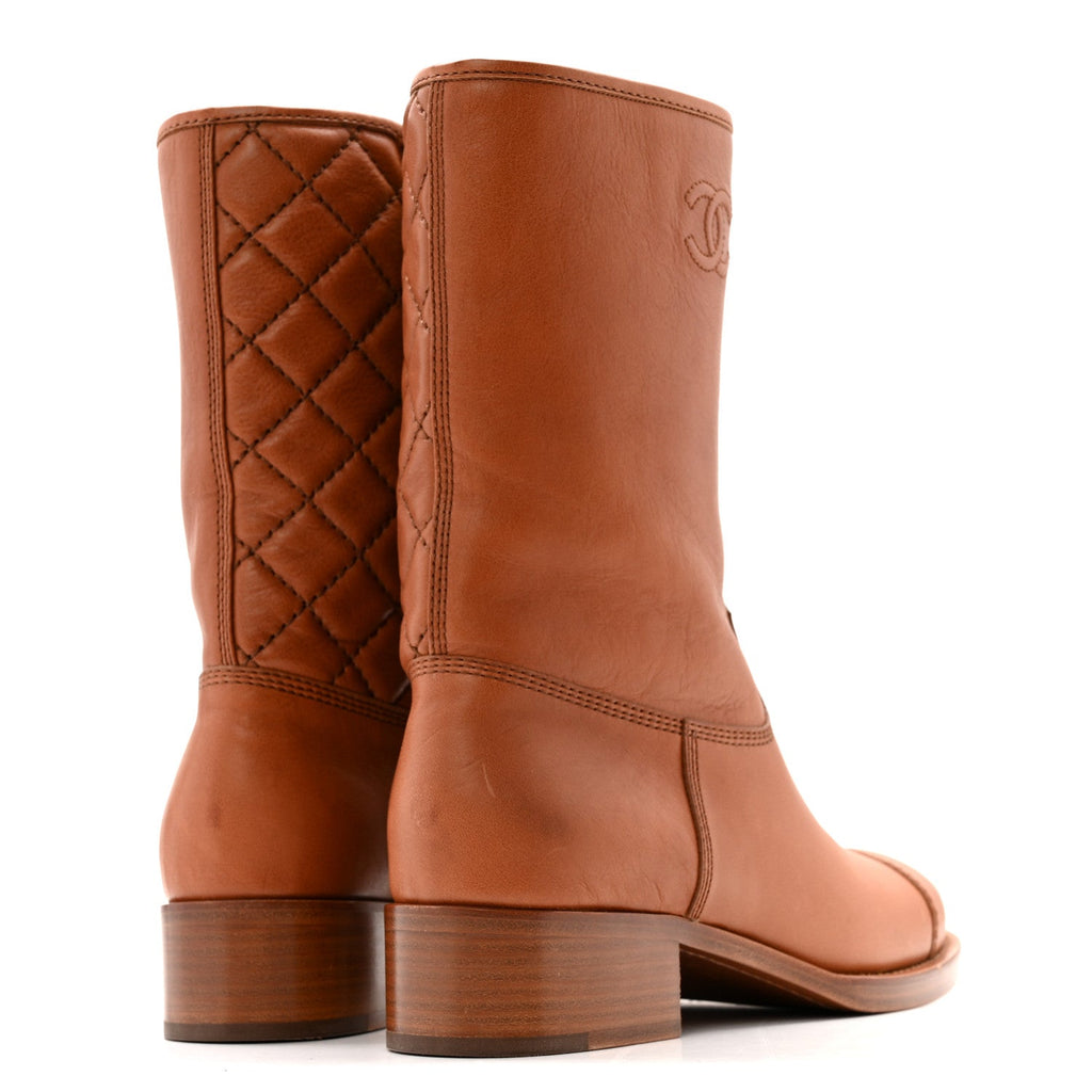 Chanel Calfskin CC Logo Mid Calf Boots 39 Brown