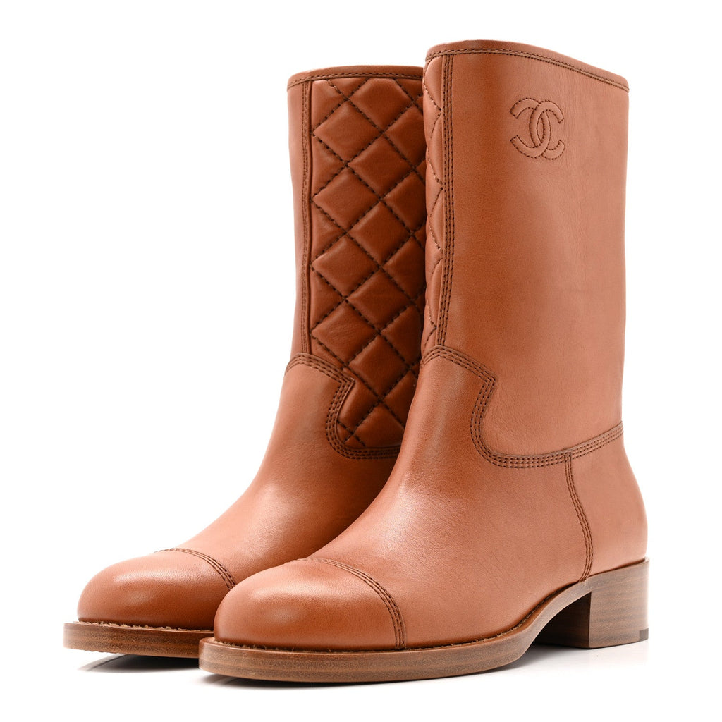 Chanel Calfskin CC Logo Mid Calf Boots 37 Caramel