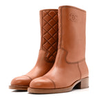 Chanel Calfskin CC Logo Mid Calf Boots 37 Caramel