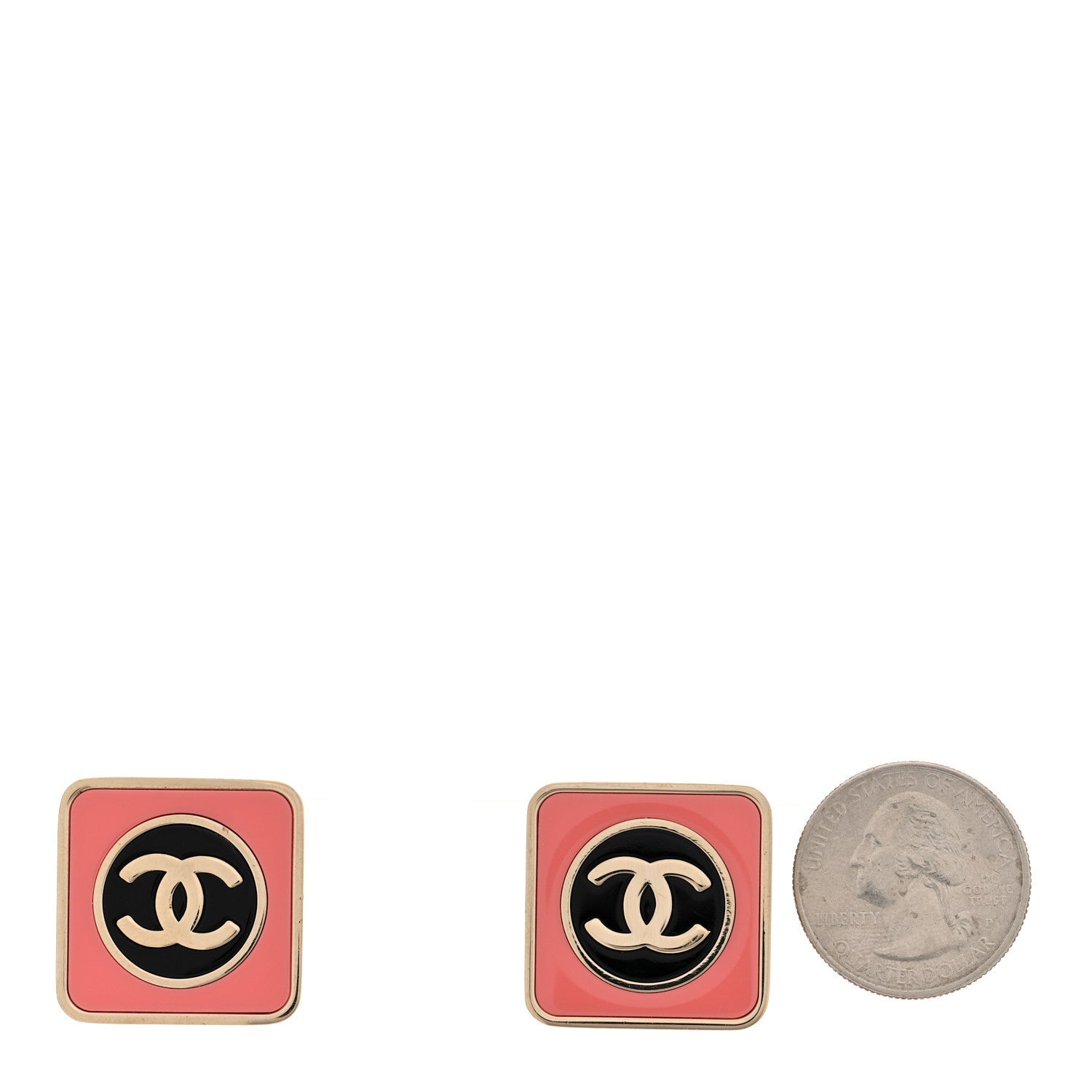 Chanel Metal Enamel CC Square Earrings Gold Pink Black