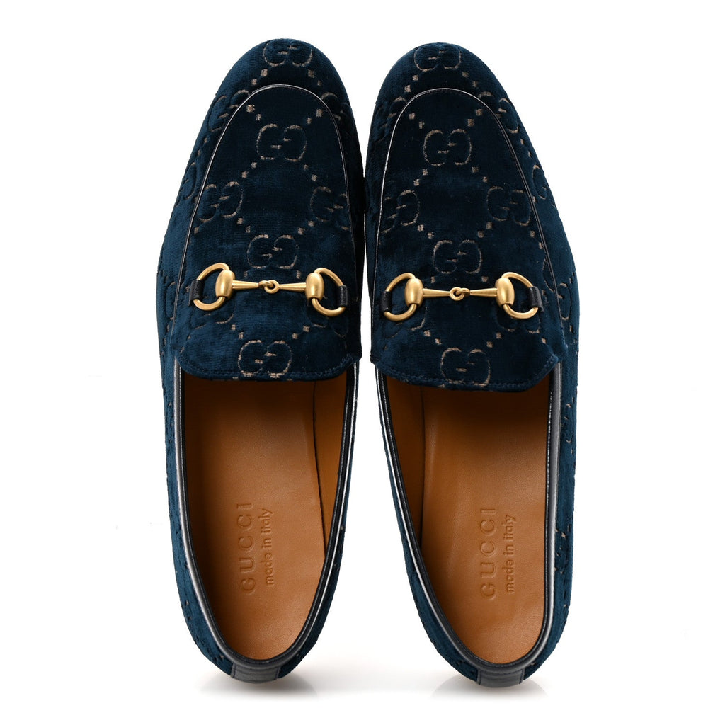 Gucci Velvet GG Monogram Horsebit Mens Jordaan Loafers 9 Blue Beige