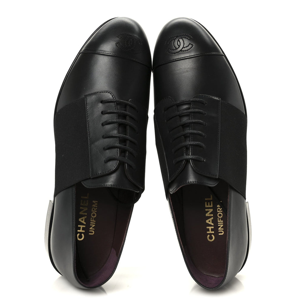Chanel Calfskin Elastic Lace Up Cap Toe CC Loafers 39 Black