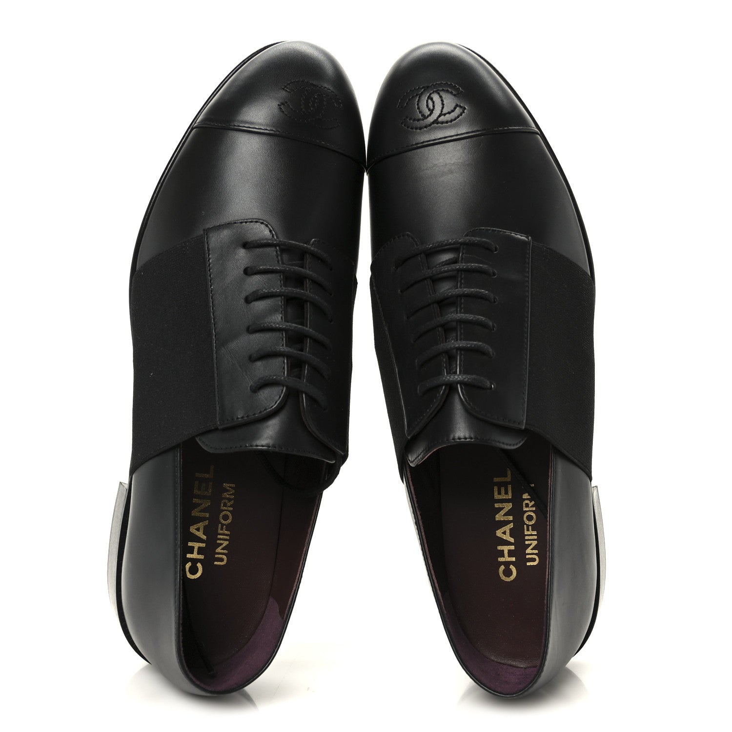 Chanel Calfskin Elastic Lace Up Cap Toe CC Loafers 39 Black