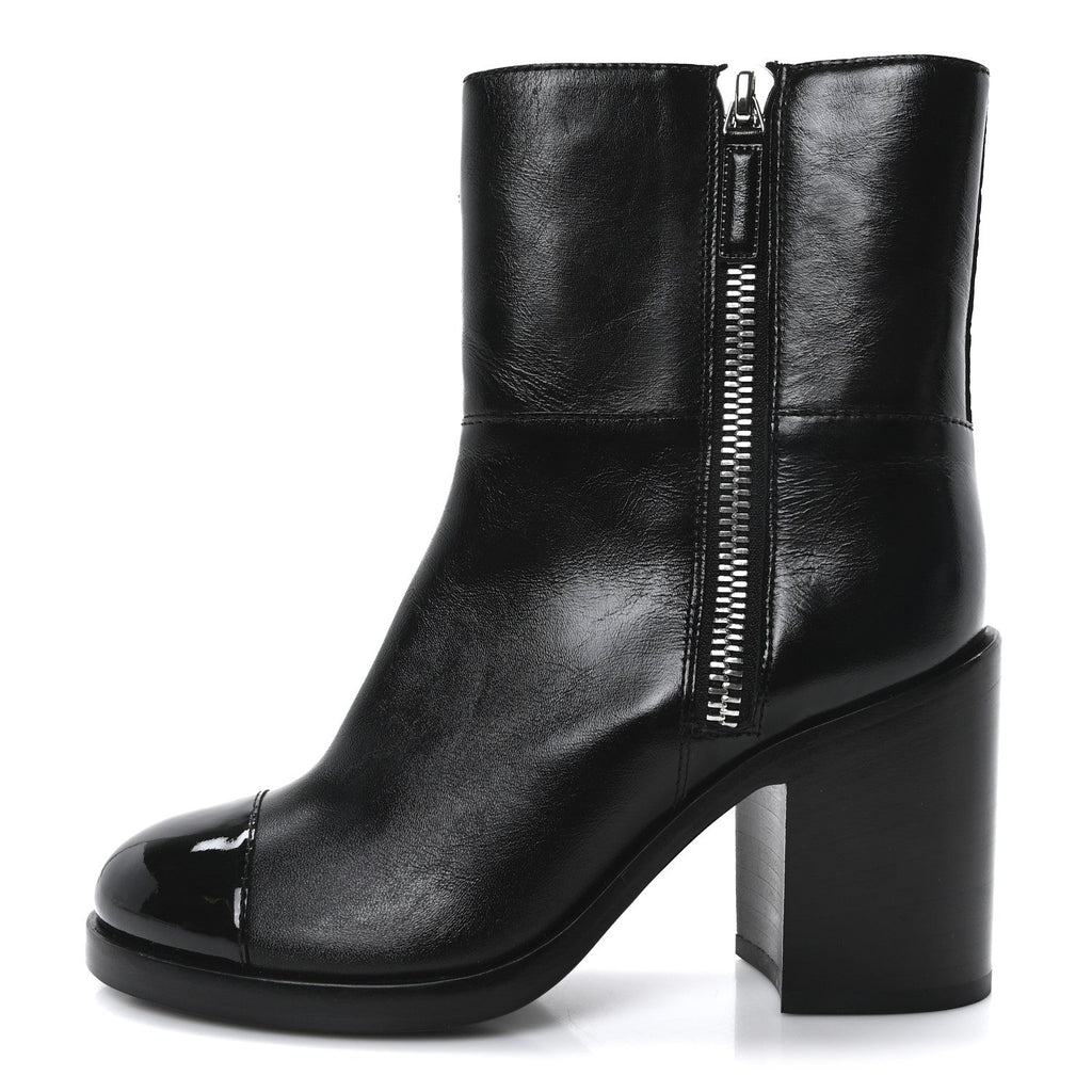 Chanel Calfskin Patent Quilted Cap Toe CC Boots 37 Black