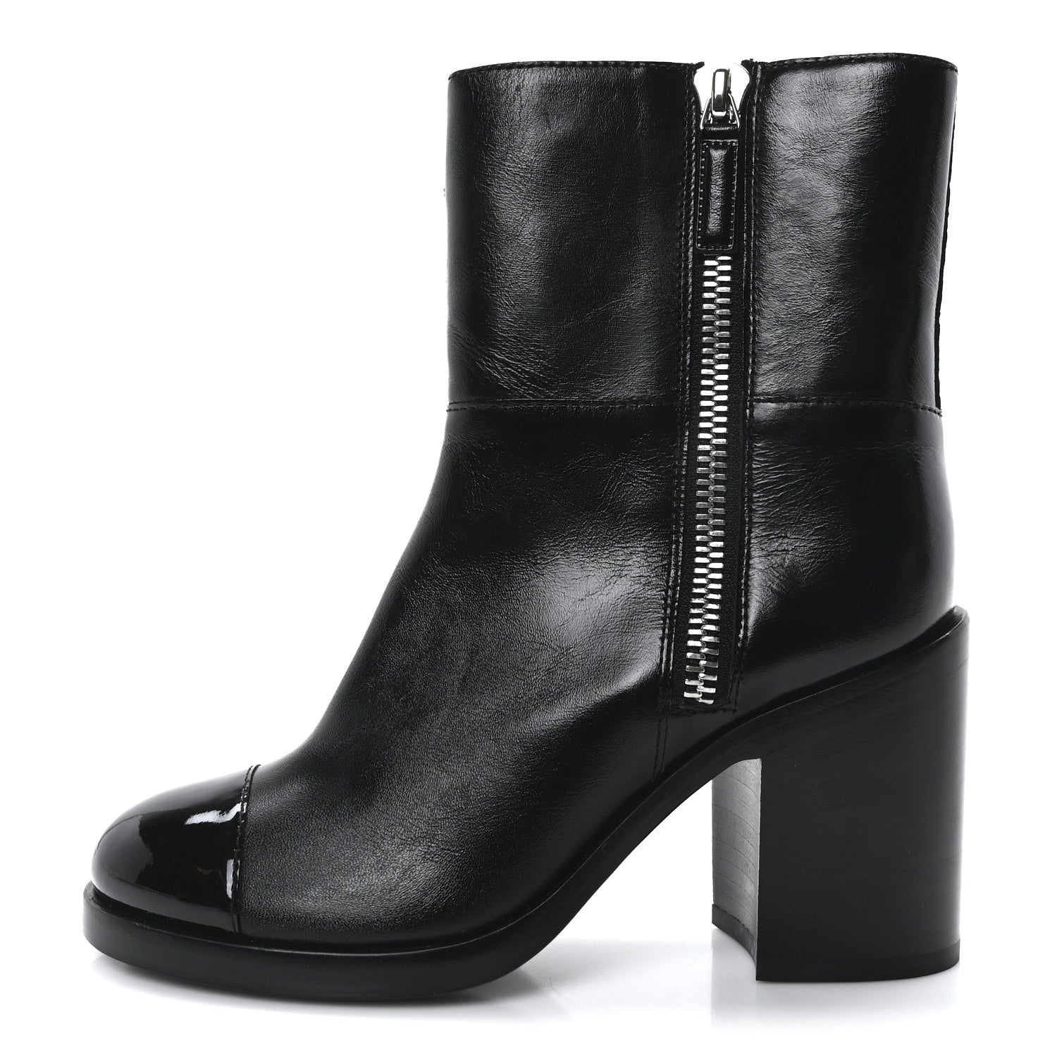 Chanel Calfskin Patent Quilted Cap Toe CC Boots 37 Black
