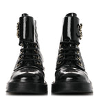 Chanel Shiny Calfskin Quilted Lace Up Combat Boots 37 Black