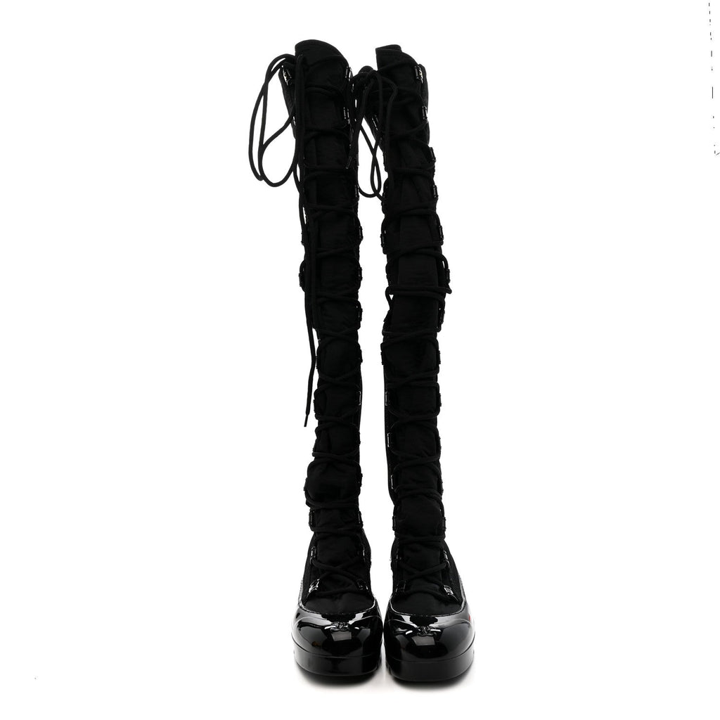 Chanel Nylon Rubber CC Lace Up Thigh High Boots 40 Black