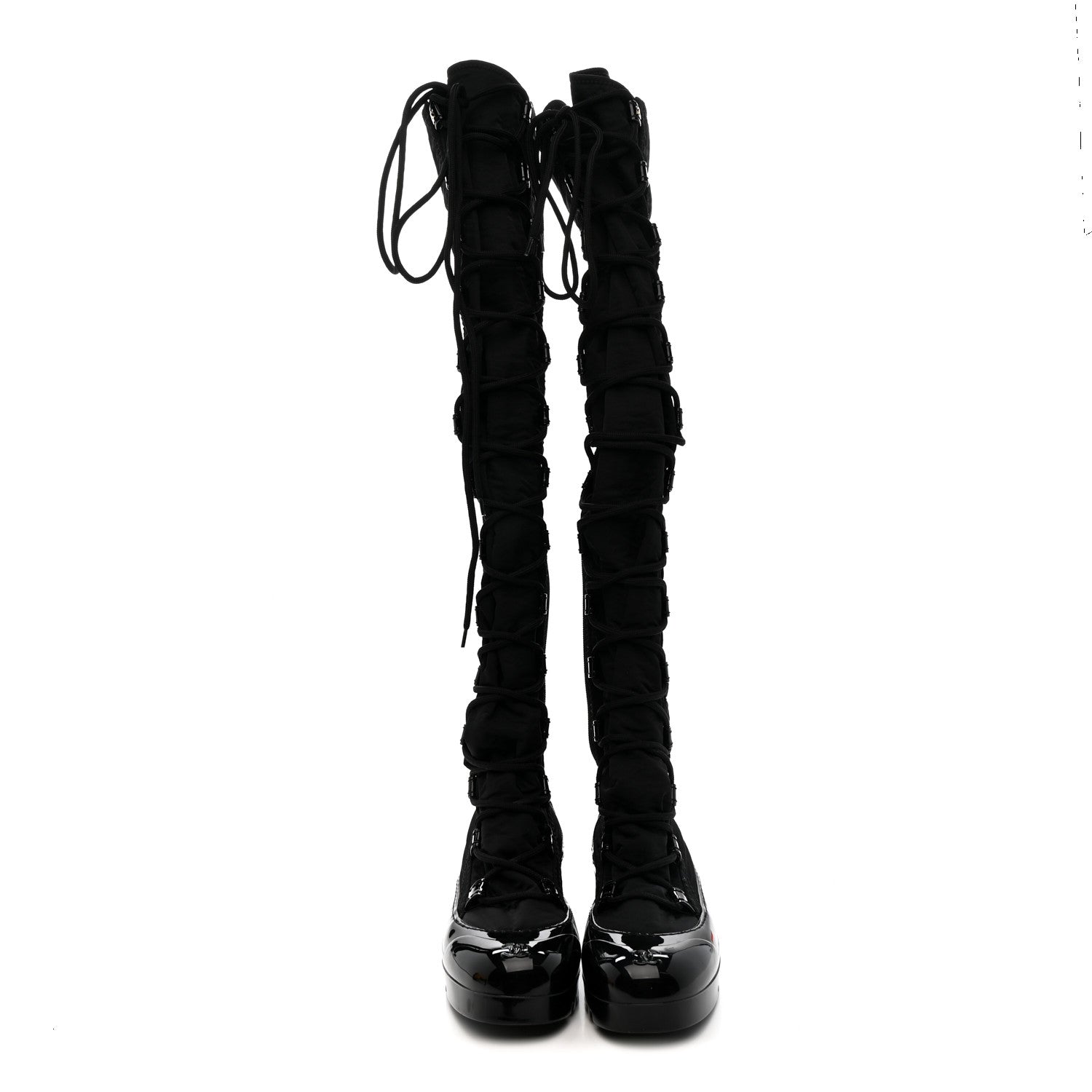 Chanel Nylon Rubber CC Lace Up Thigh High Boots 40 Black