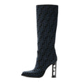 Fendi Chenille Jacquard FF 110mm Knee Boots 39 Black Blue