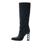 Fendi Chenille Jacquard FF 110mm Knee Boots 39 Black Blue
