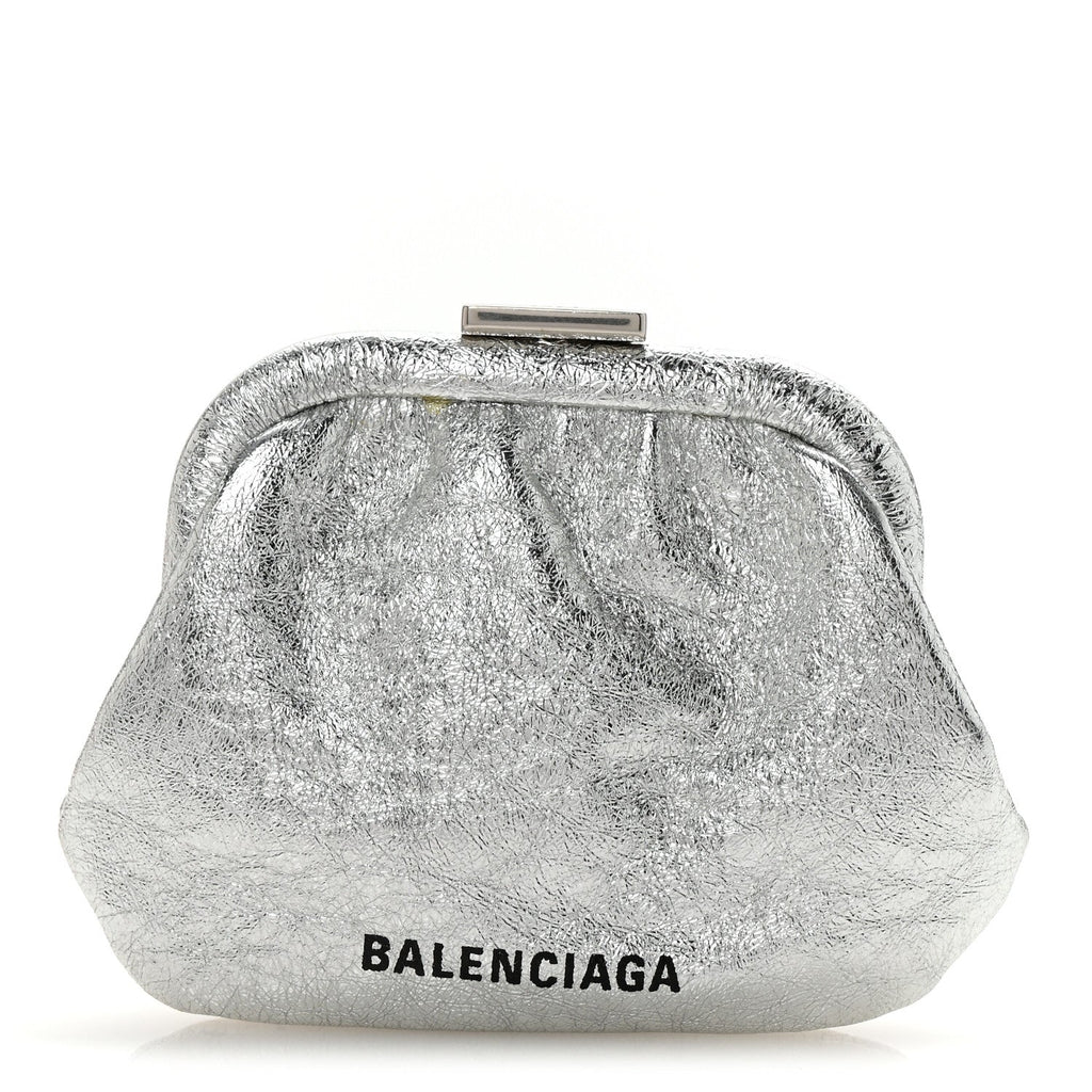 Balenciaga Metallic Textured Calfskin Logo Cloud Coin Purse With Strap Silver