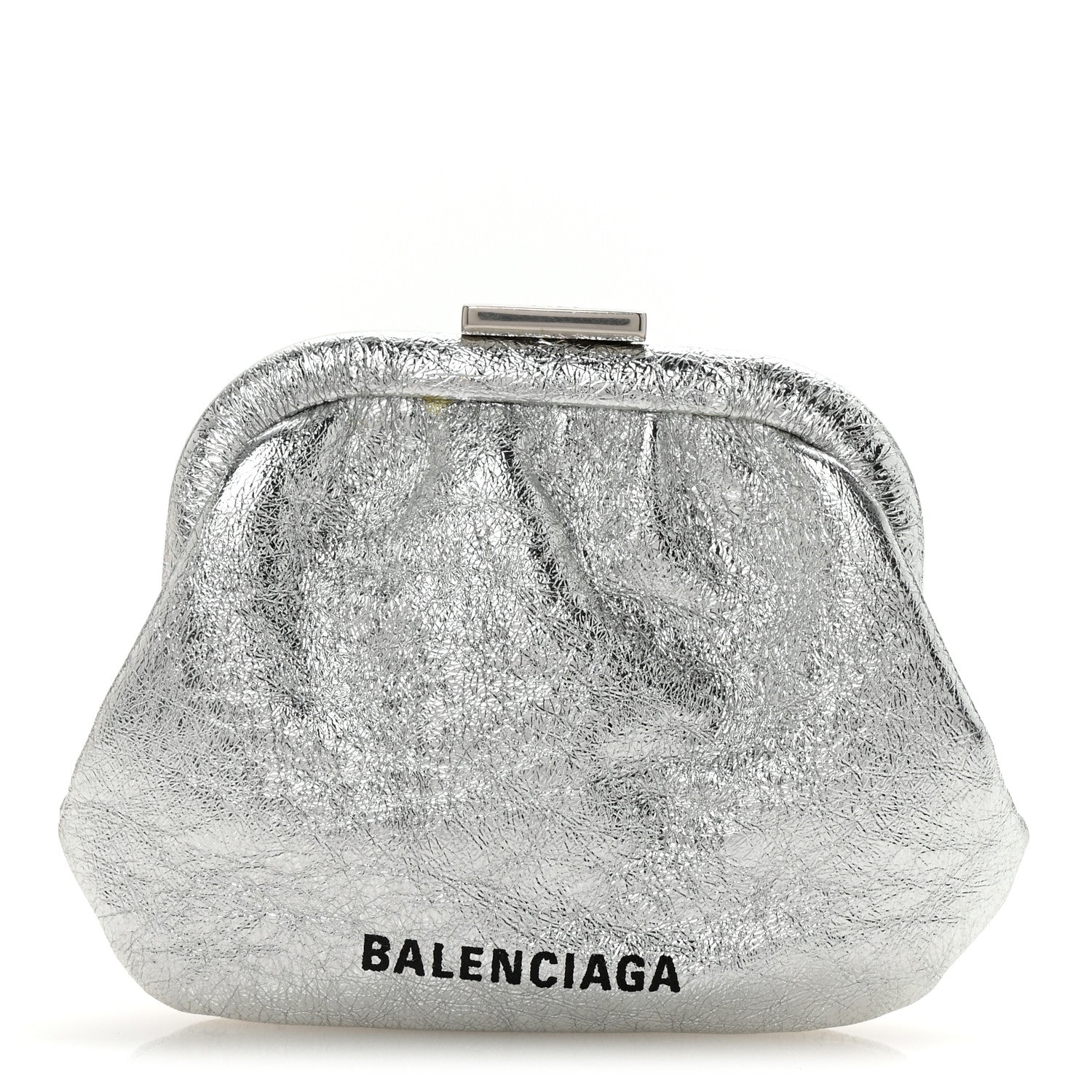Balenciaga Metallic Textured Calfskin Logo Cloud Coin Purse With Strap Silver