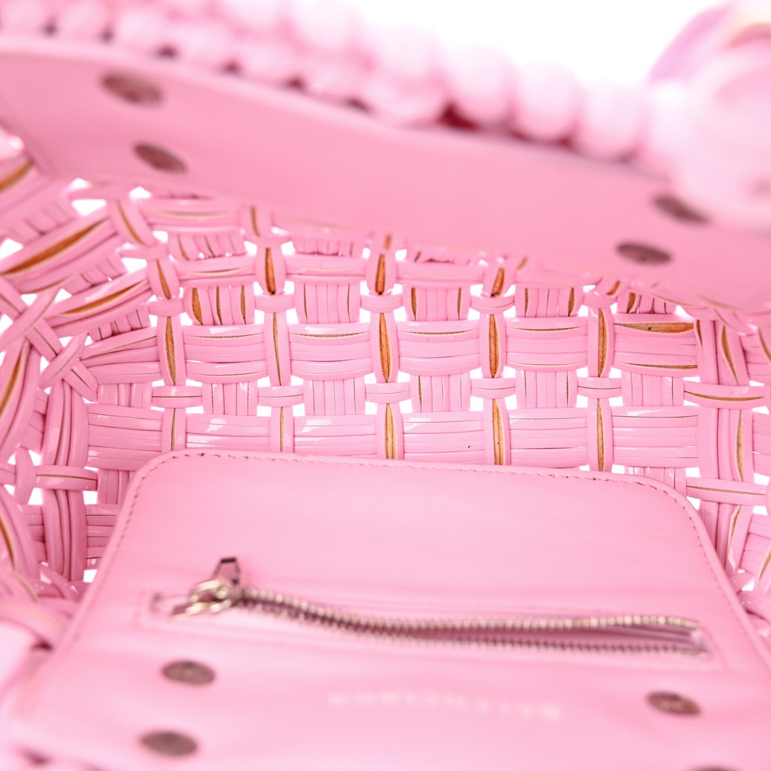 Balenciaga Faux Calfskin Braided Varnished XXS Bistro Basket Candy Pink