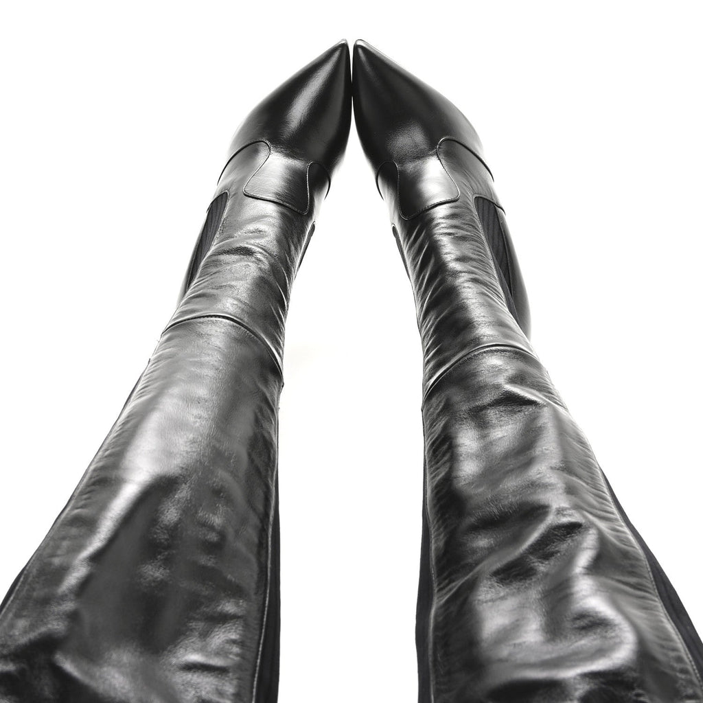 Fendi Vitello Lucido Stretch Fabric Striped Rockoko Thigh High 105mm Sock Boots 38 Black