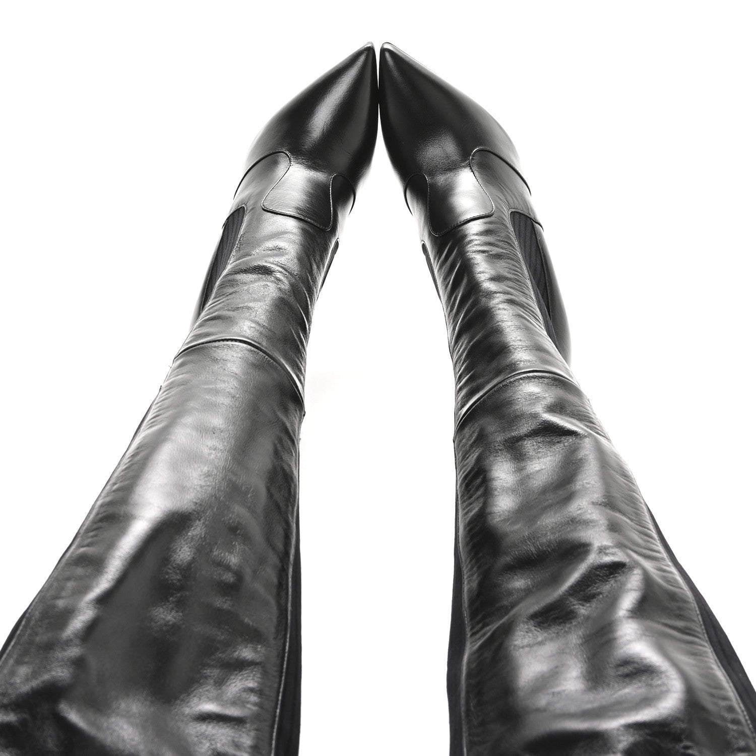 Fendi Vitello Lucido Stretch Fabric Striped Rockoko Thigh High 105mm Sock Boots 38 Black